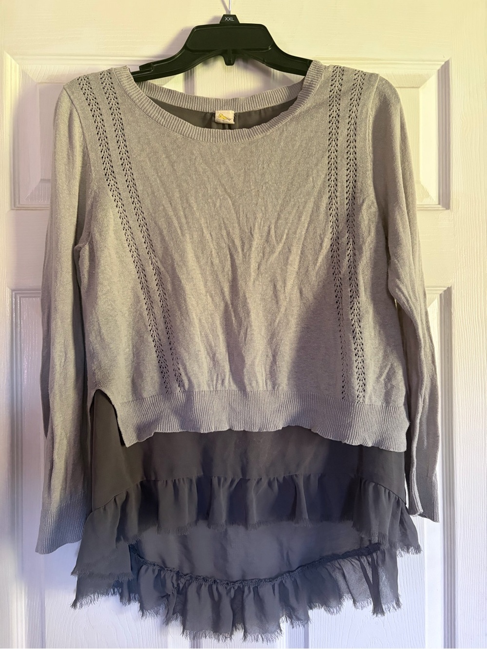 Anthropologie Light Gray Layered Knit Sweater with Ruffle Hem size M